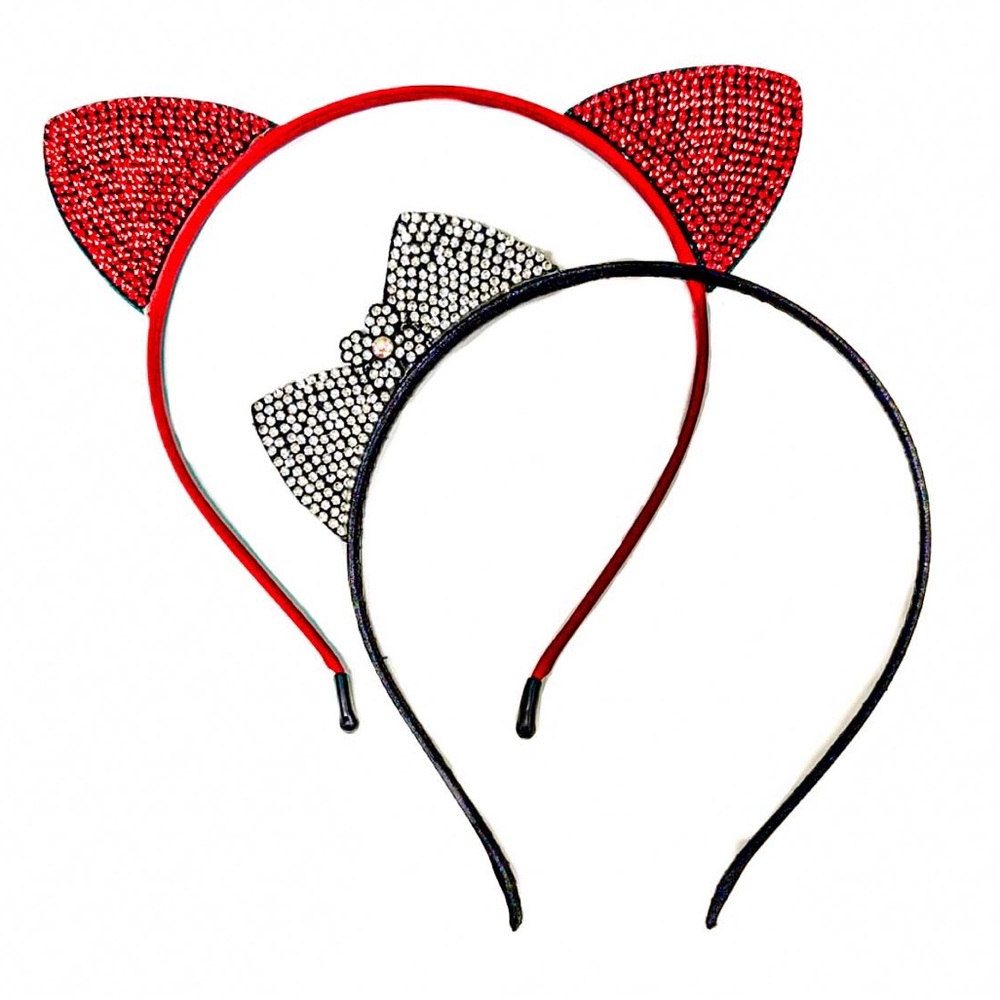 NEW - Set of 2 Headbands- Red Rhinestone Cat Ears and Silver Rhinestone Bow